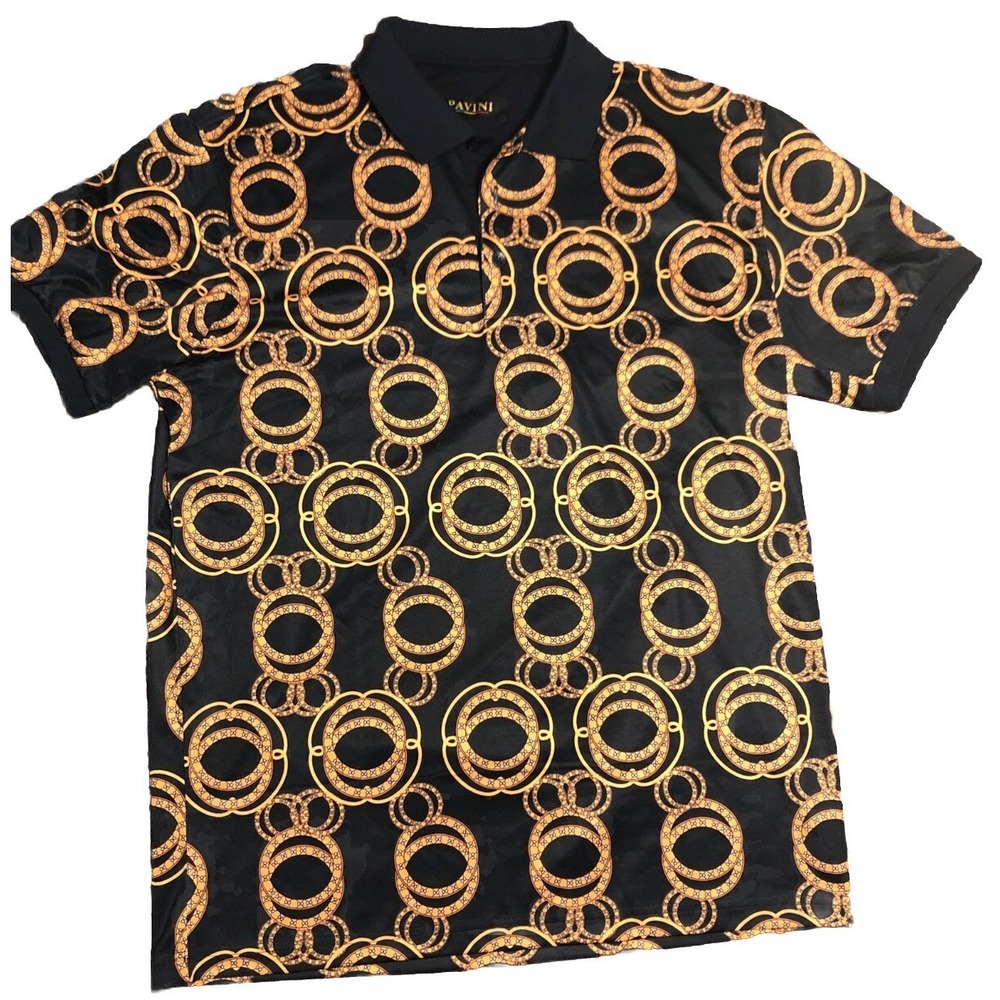 Pavini Polo Shirt Mens Size L-XL Black Gold Rings Circles Graphic Print